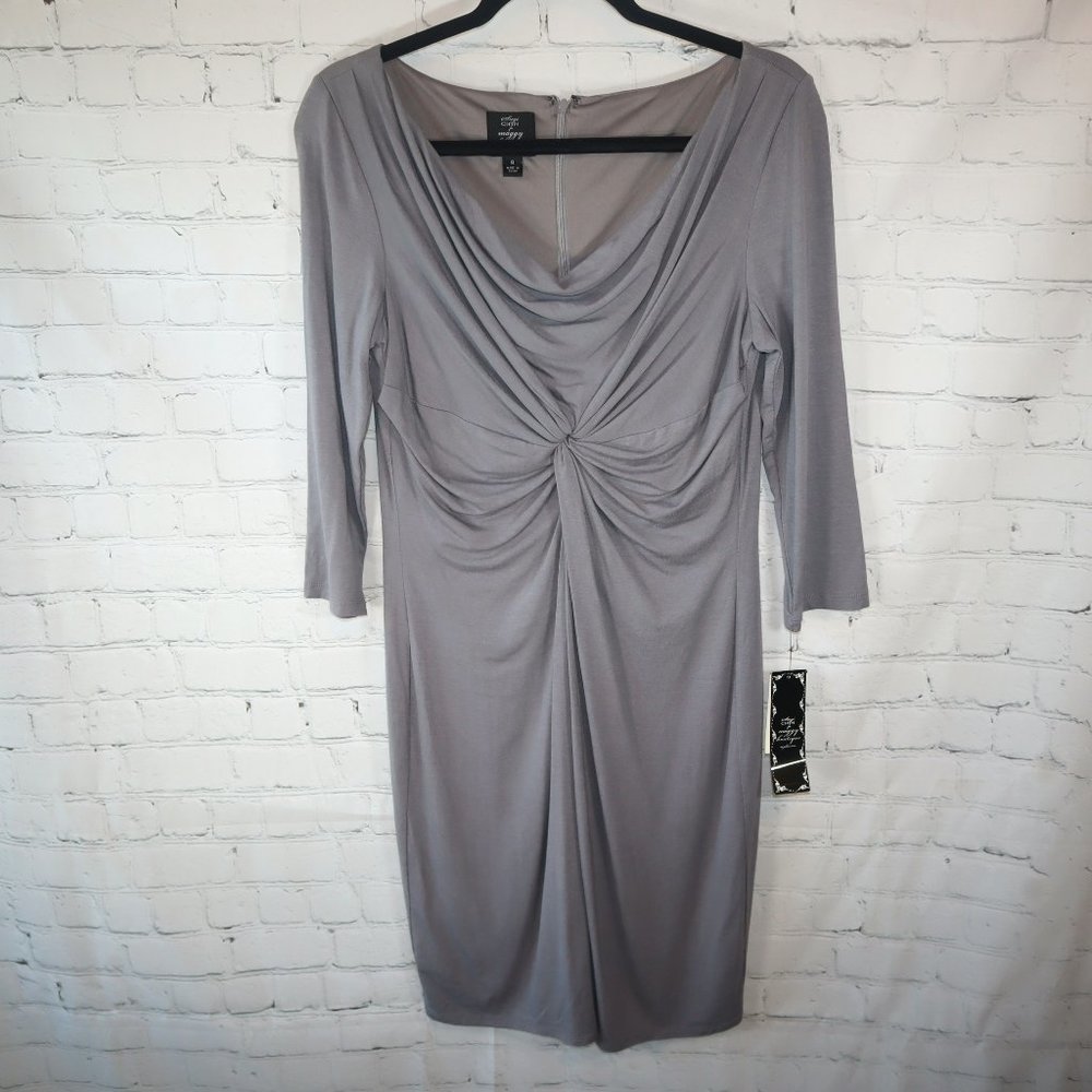 Suzi Chin For Maggy Boutique Gray Cowl Neck With Ruched Middle Midi Dress Size 8